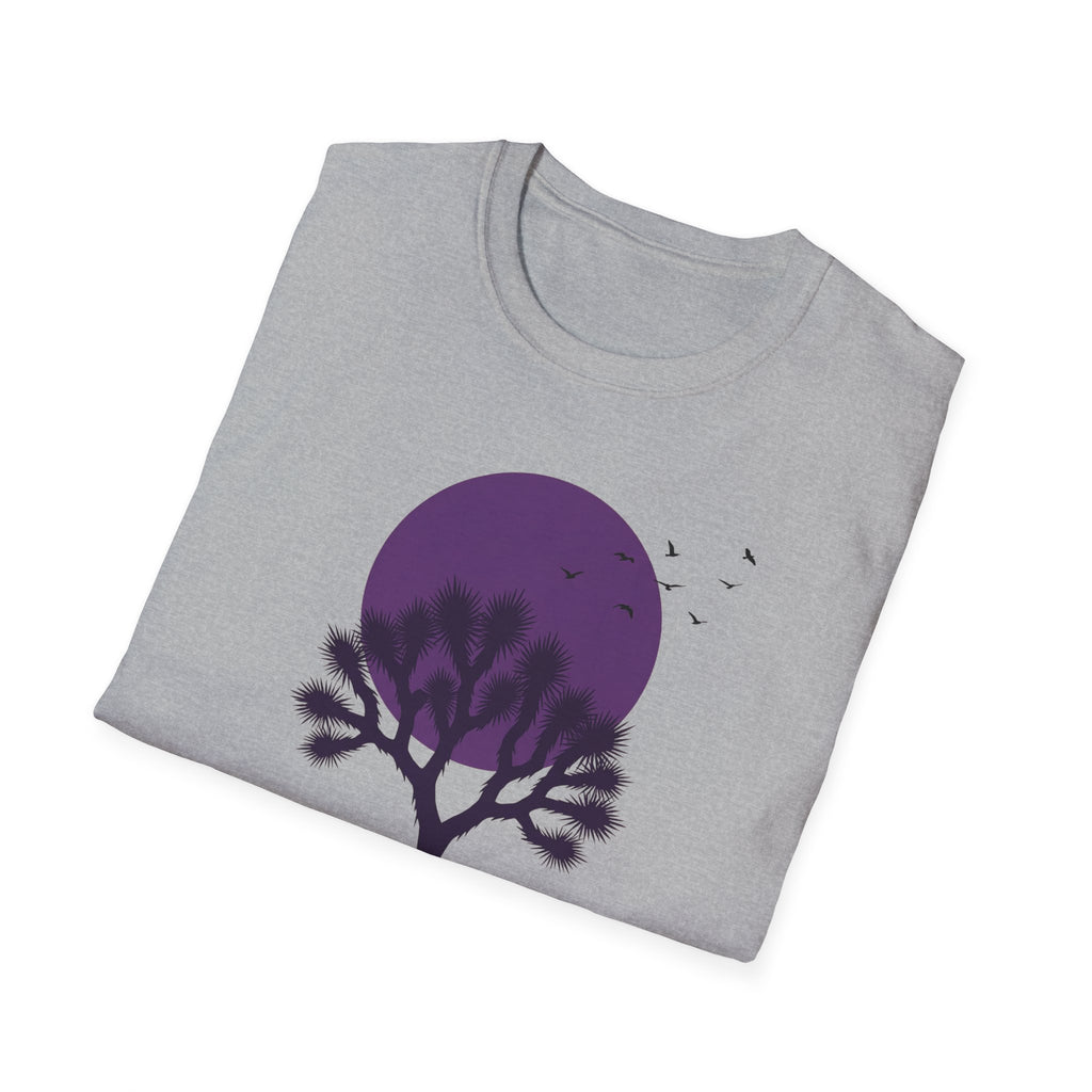 Sport Grey T-shirt with large purple moon and Joshua tree silhouette graphic