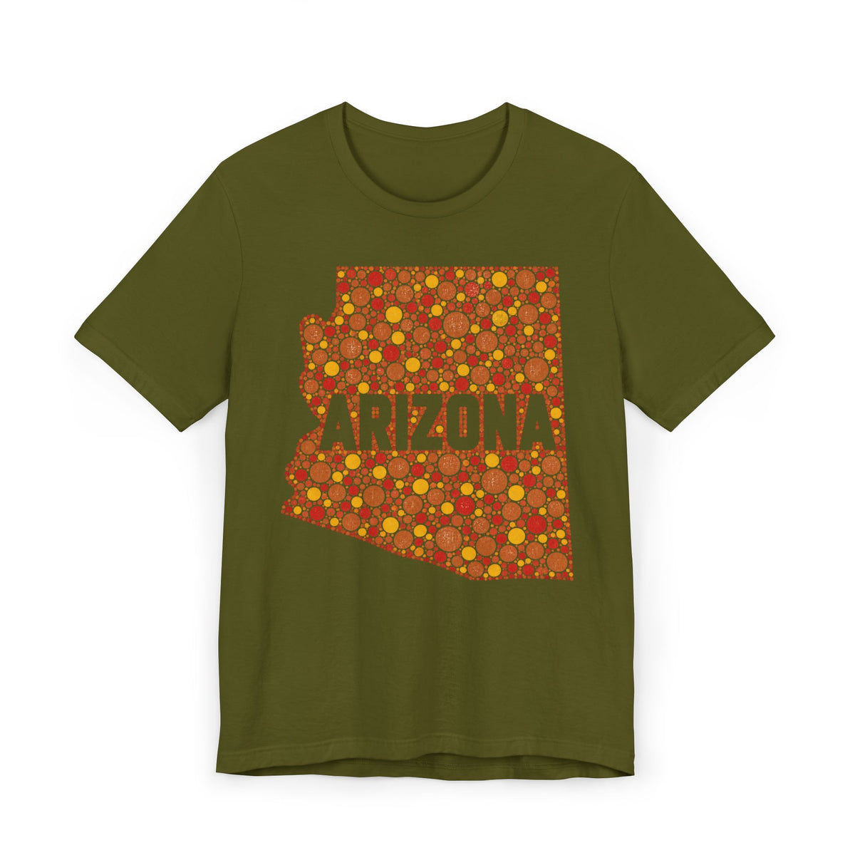 Olive green short-sleeve T-shirt with orange Arizona patterned graphic