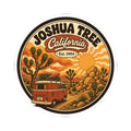 Round sticker with Joshua Tree California Est. 1994, desert sky, rocks, and red van