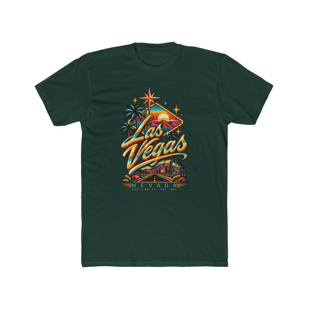 Dark green t-shirt with neon Vegas Nevada sign and palm tree graphic