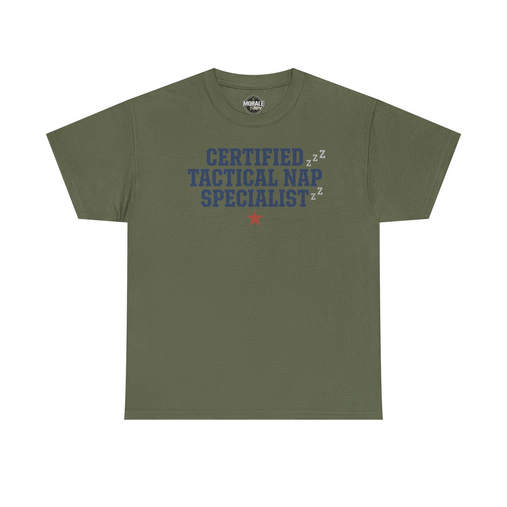 Military green crewneck tee with 'Certified Tactical Nap Specialist' print