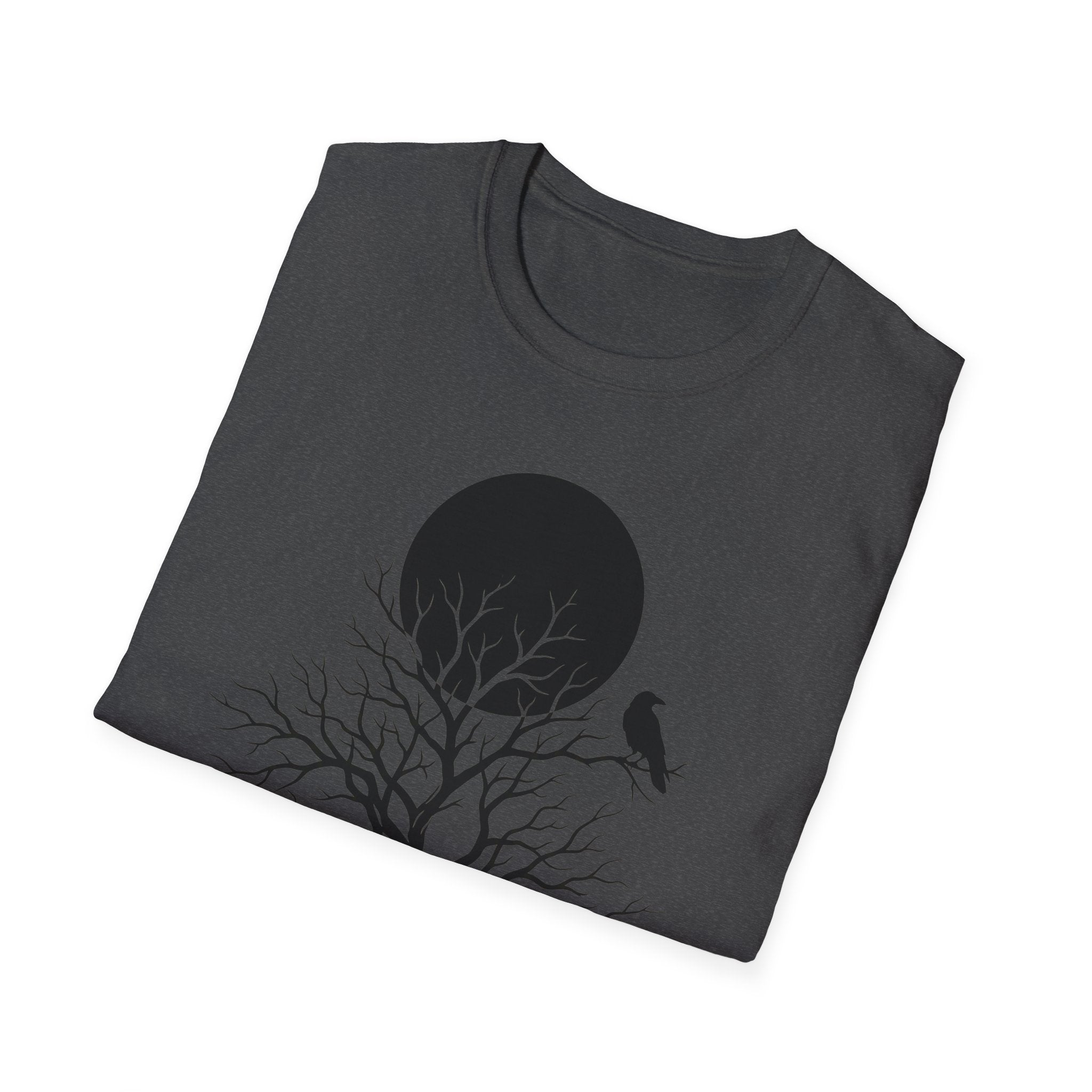 Dark Heather graphic T-shirt with dark moon tree and raven silhouette