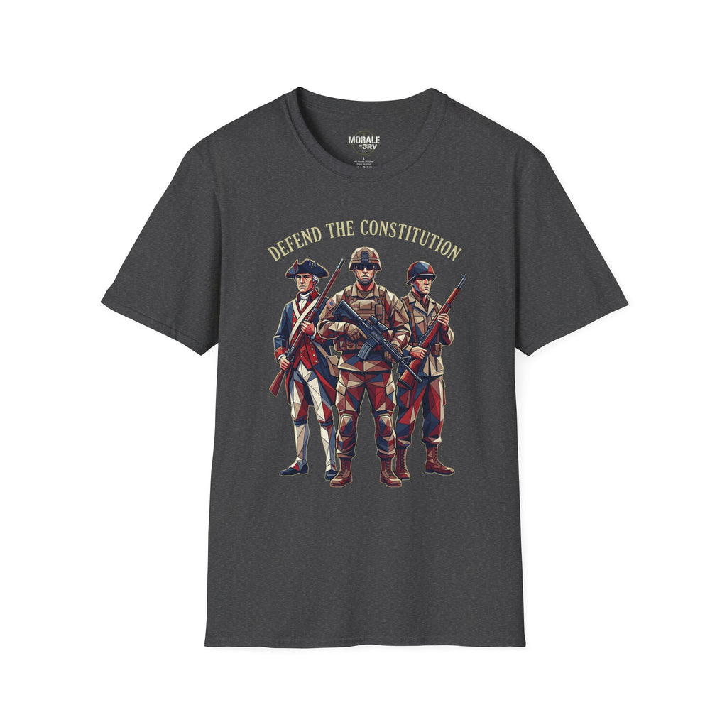 Defend the Constitution T-shirt, dark heather with patriotic soldiers graphic and slogan