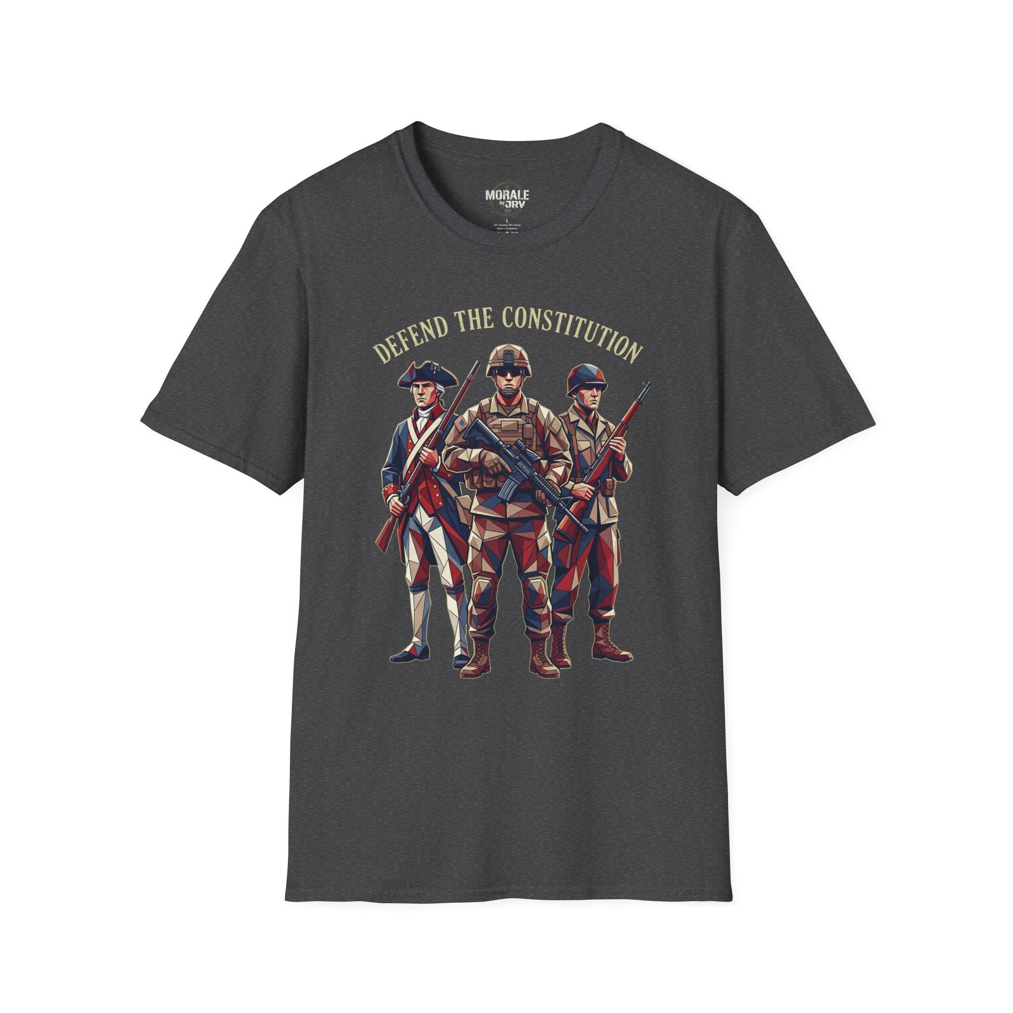 Defend the Constitution T-shirt, dark heather with patriotic soldiers graphic and slogan
