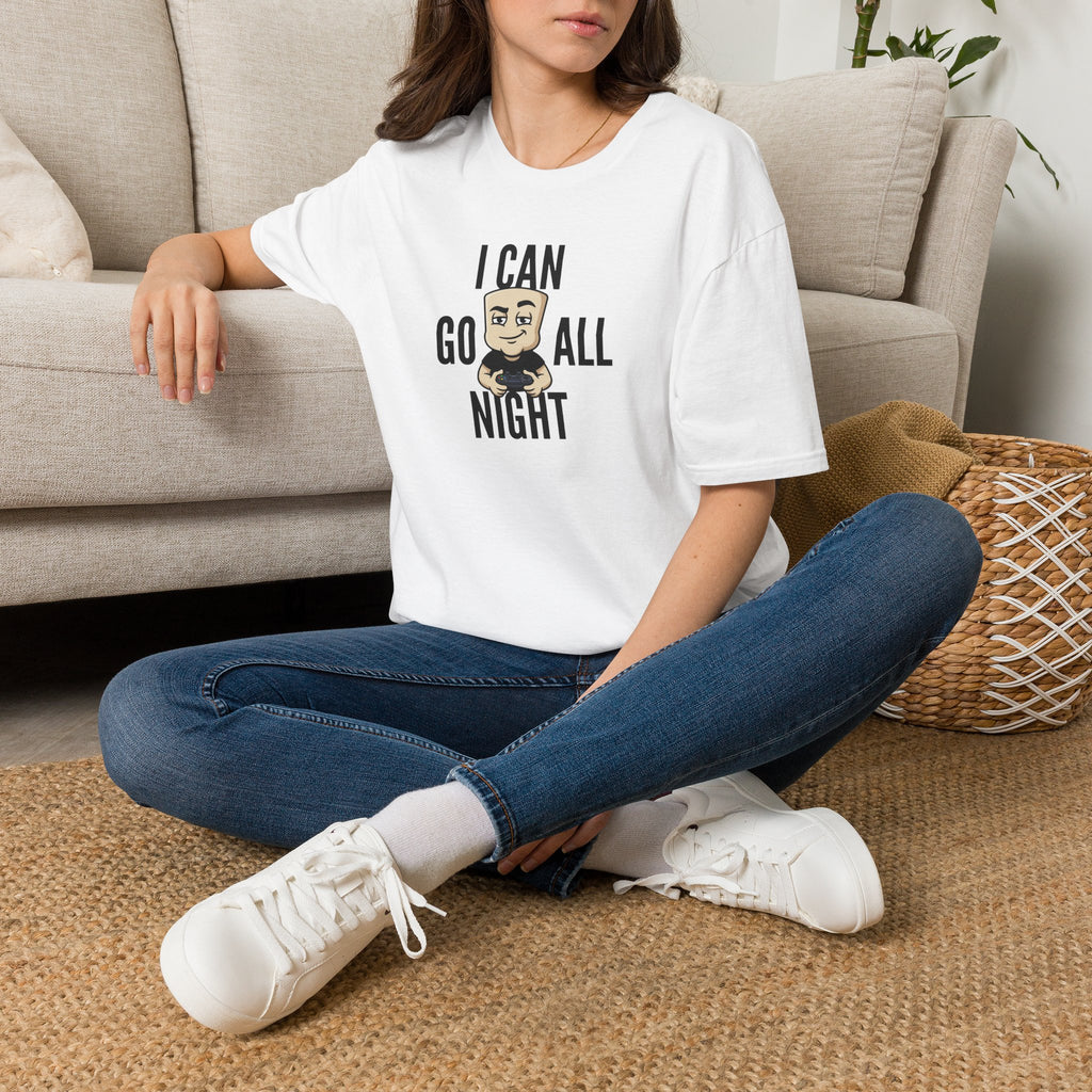 White T-shirt with “I CAN GO ALL NIGHT” gaming graphic on front, worn by model