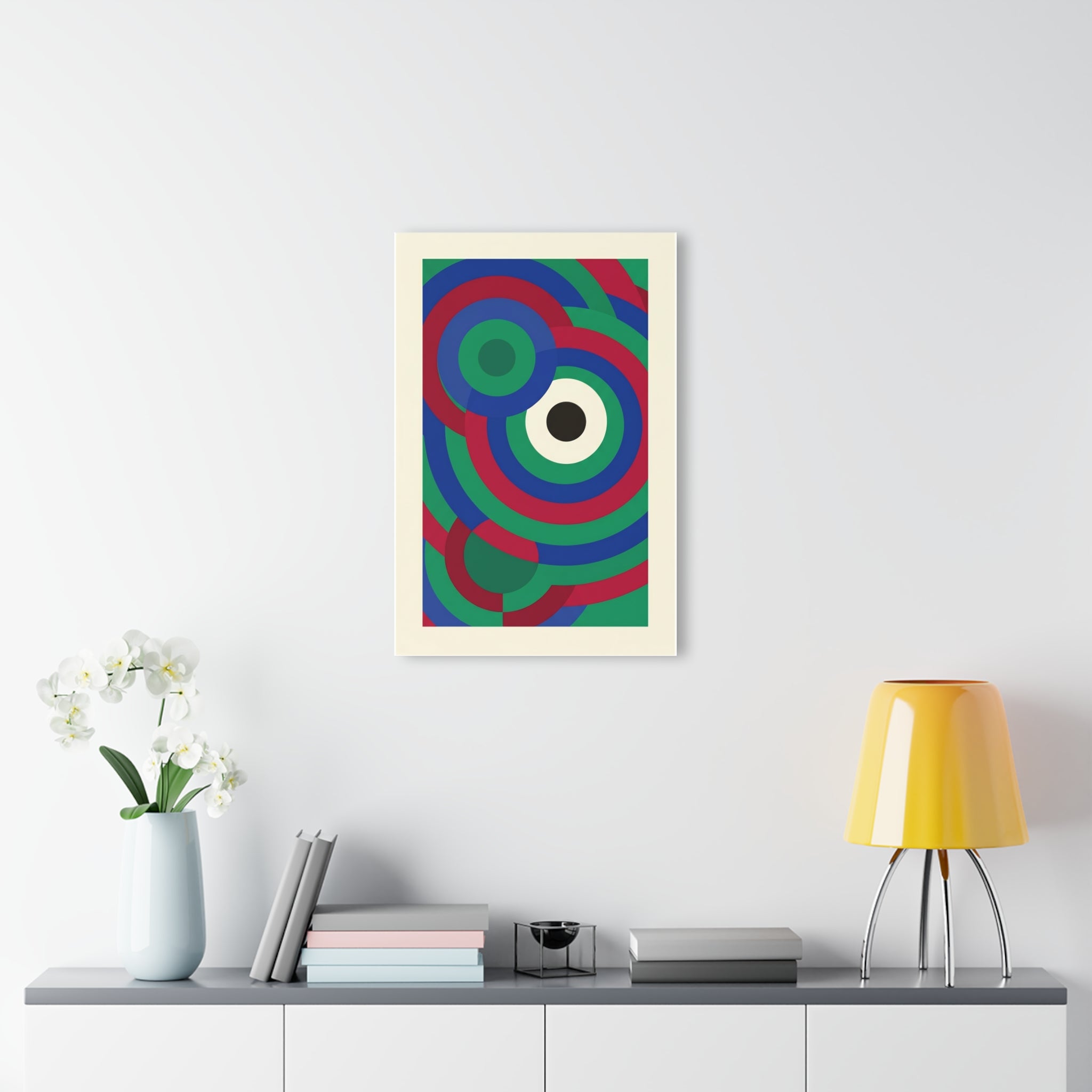 Small framed concentric circles print with blue, green and red geometric rings