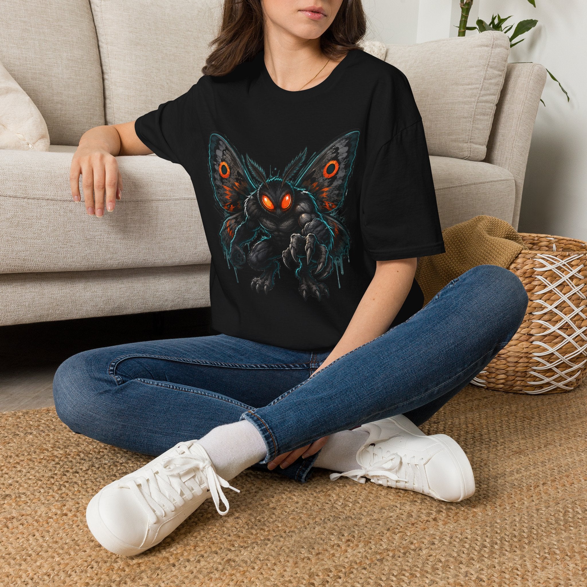 Black crewneck T-shirt with dark moth monster graphic and glowing orange eyes.