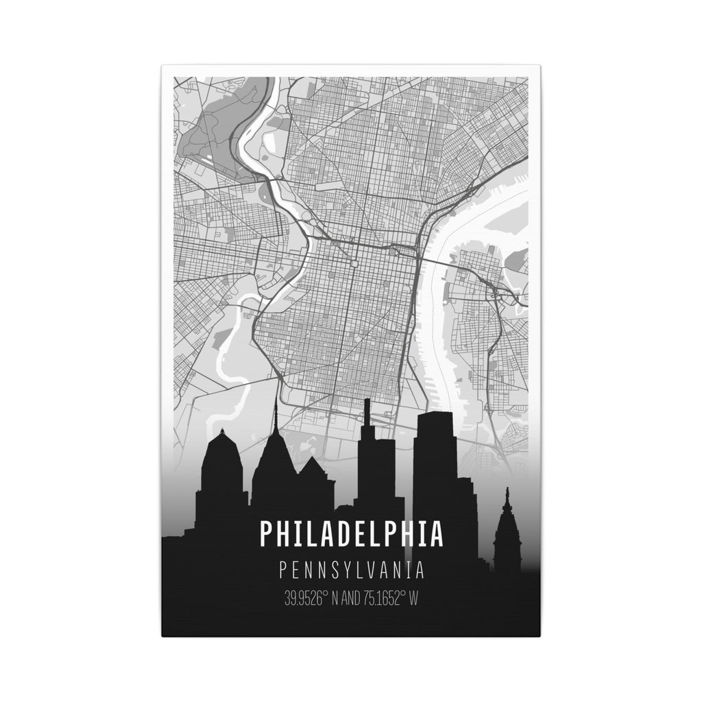Philadelphia skyline wall art map print with black skyline silhouette and lettering