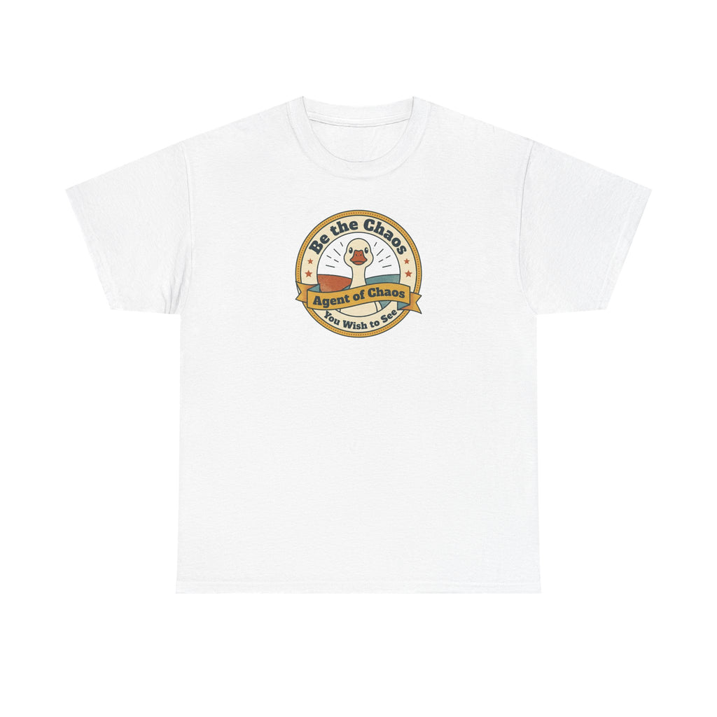 White crew-neck T-shirt with circular duck emblem graphic on the chest