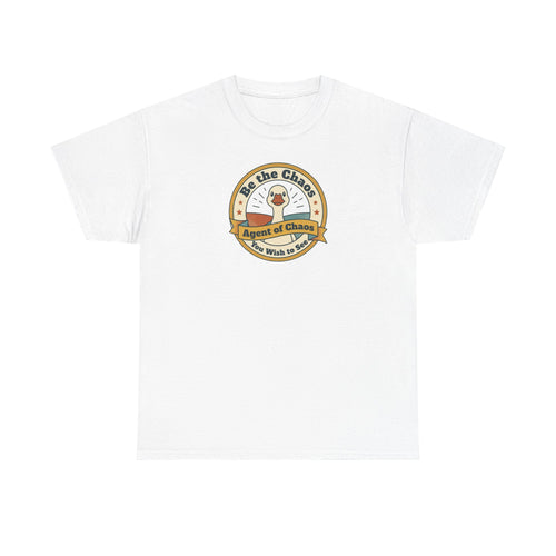 White crew-neck T-shirt with circular duck emblem graphic on the chest
