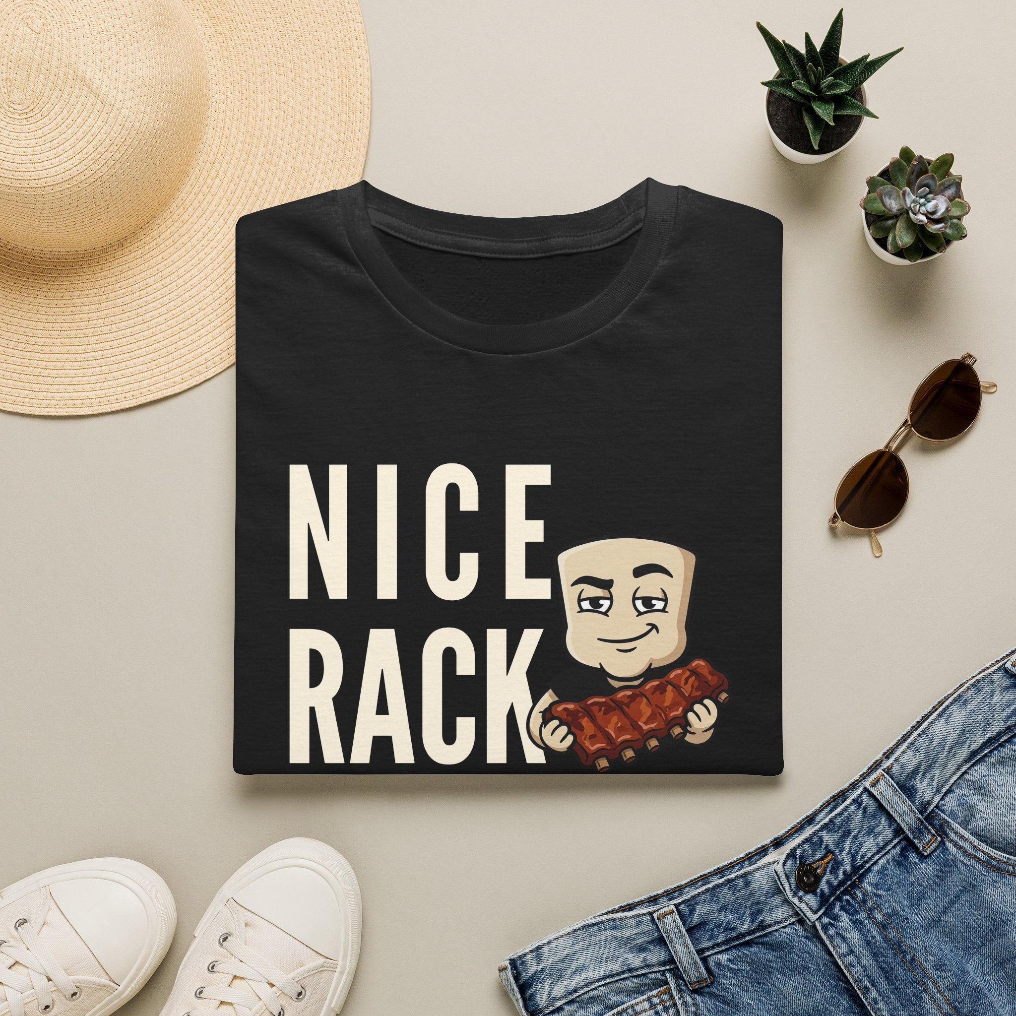 Black T-shirt with bold “Nice Rack” letters and cartoon BBQ ribs graphic