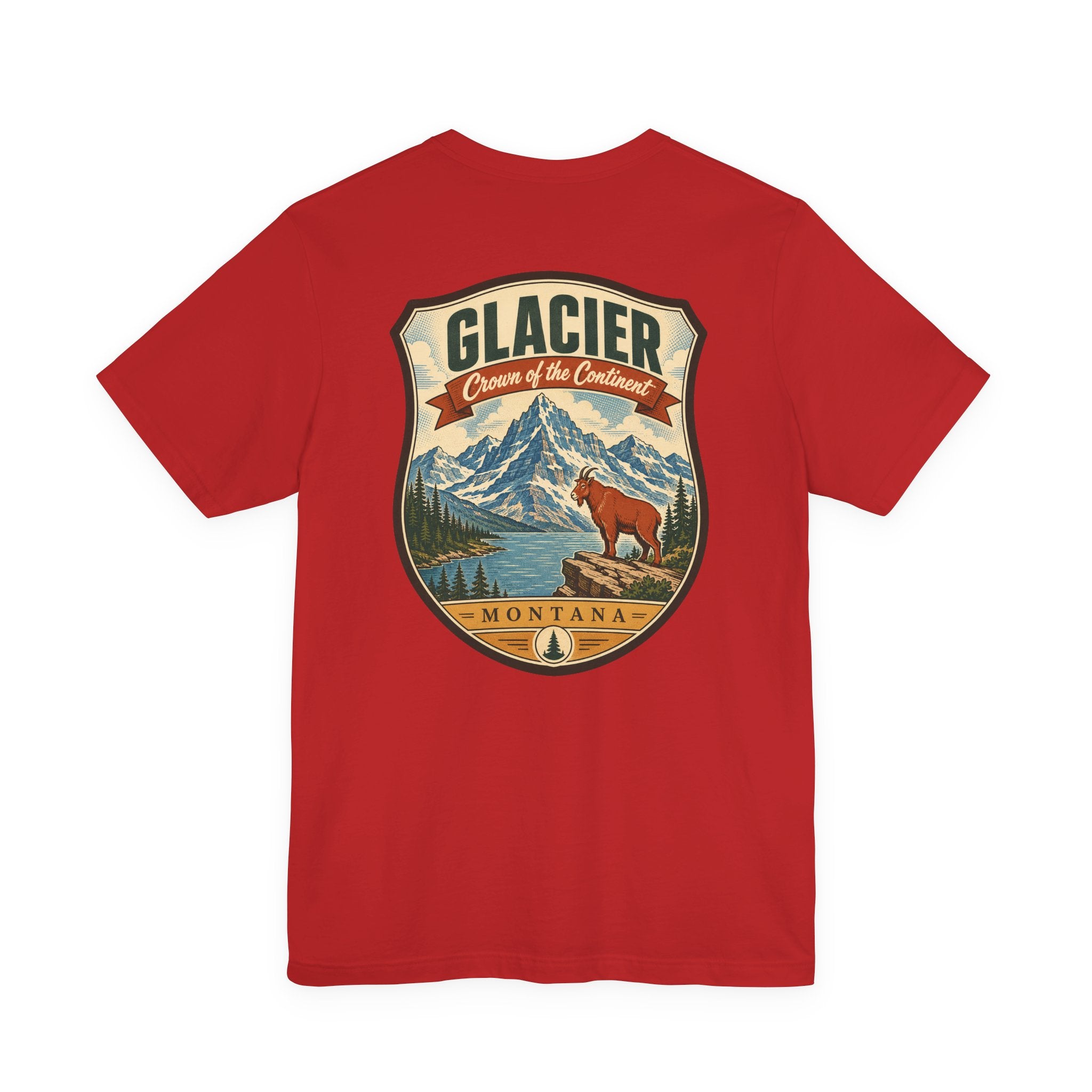 Glacier National Park t-shirt in red with large center bear-and-mountain graphic