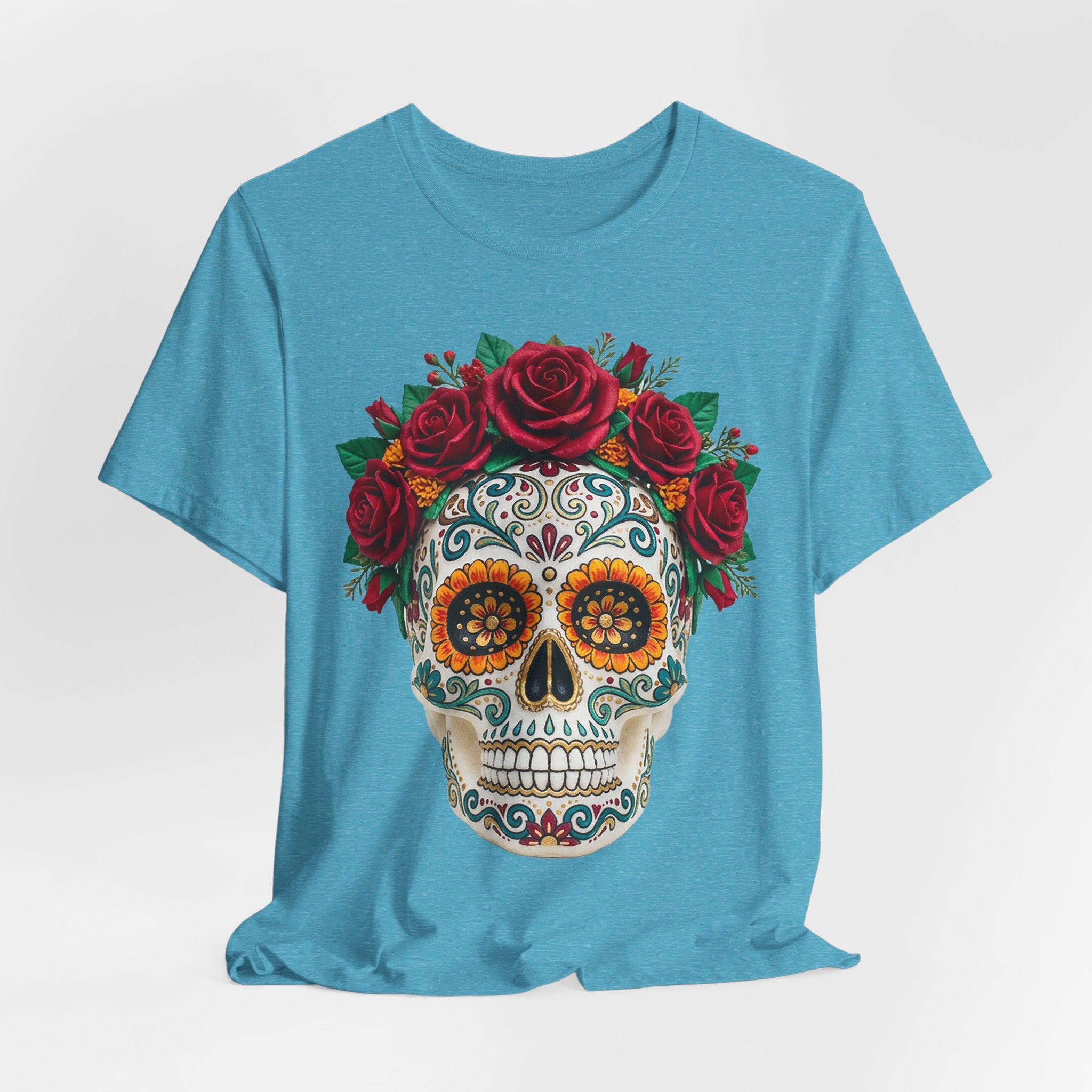 Sugar skull graphic with red rose crown on turquoise T-shirt