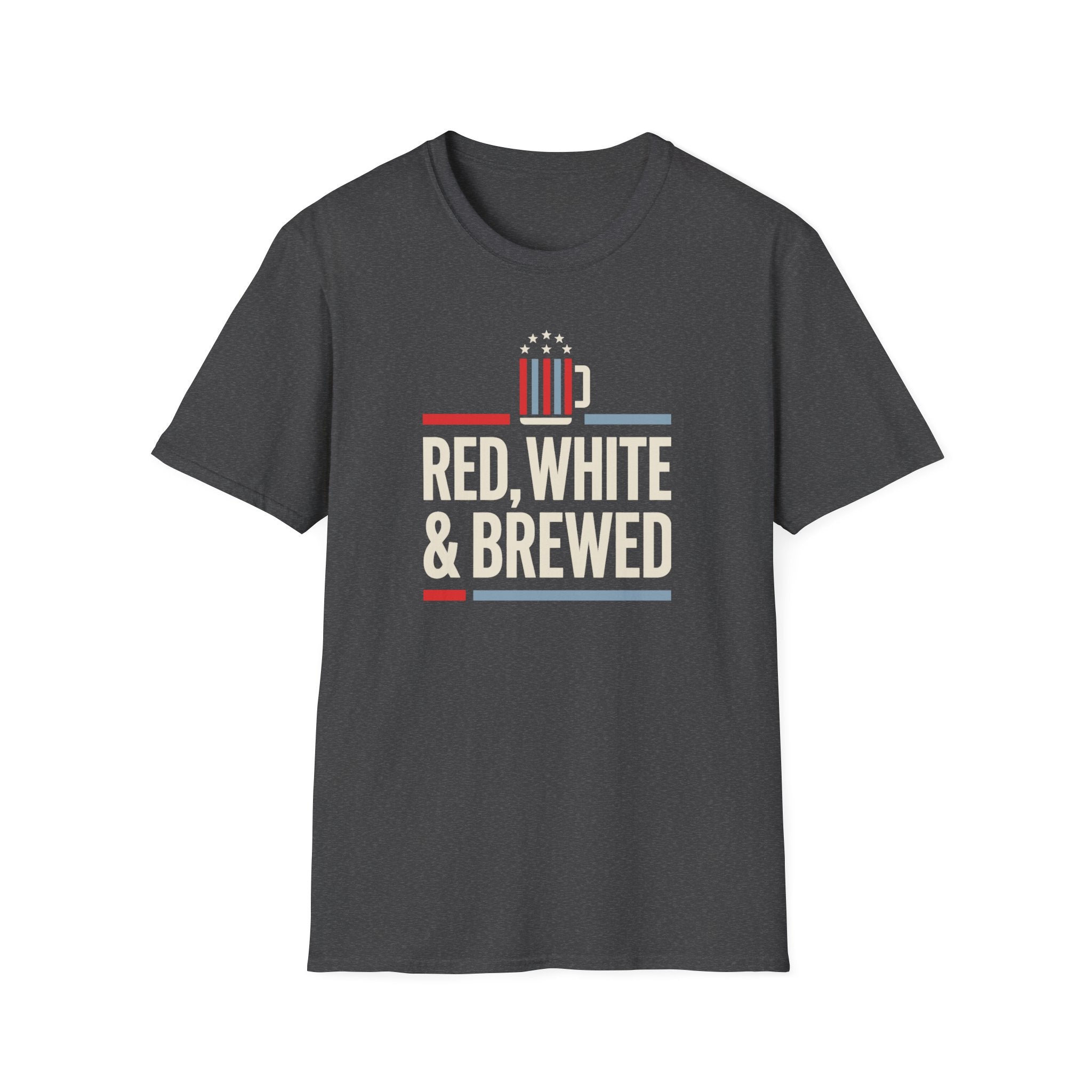 Charcoal gray T-shirt with "RED, WHITE & BREWED" beer graphic