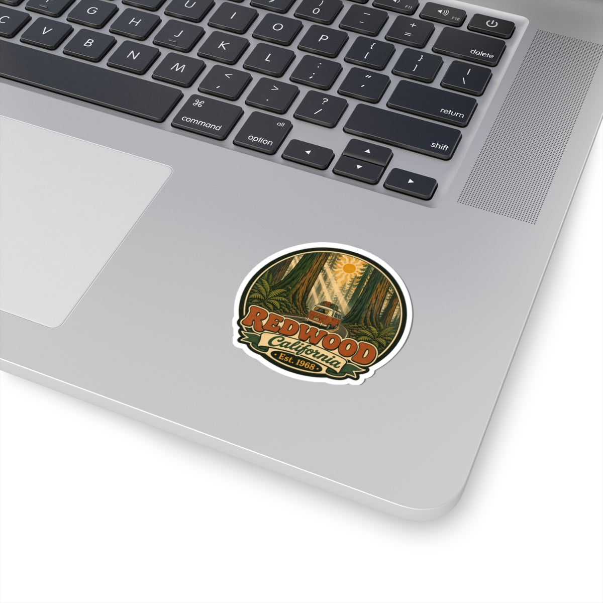 Redwood National Park round decal sticker with colorful forest and vintage banner