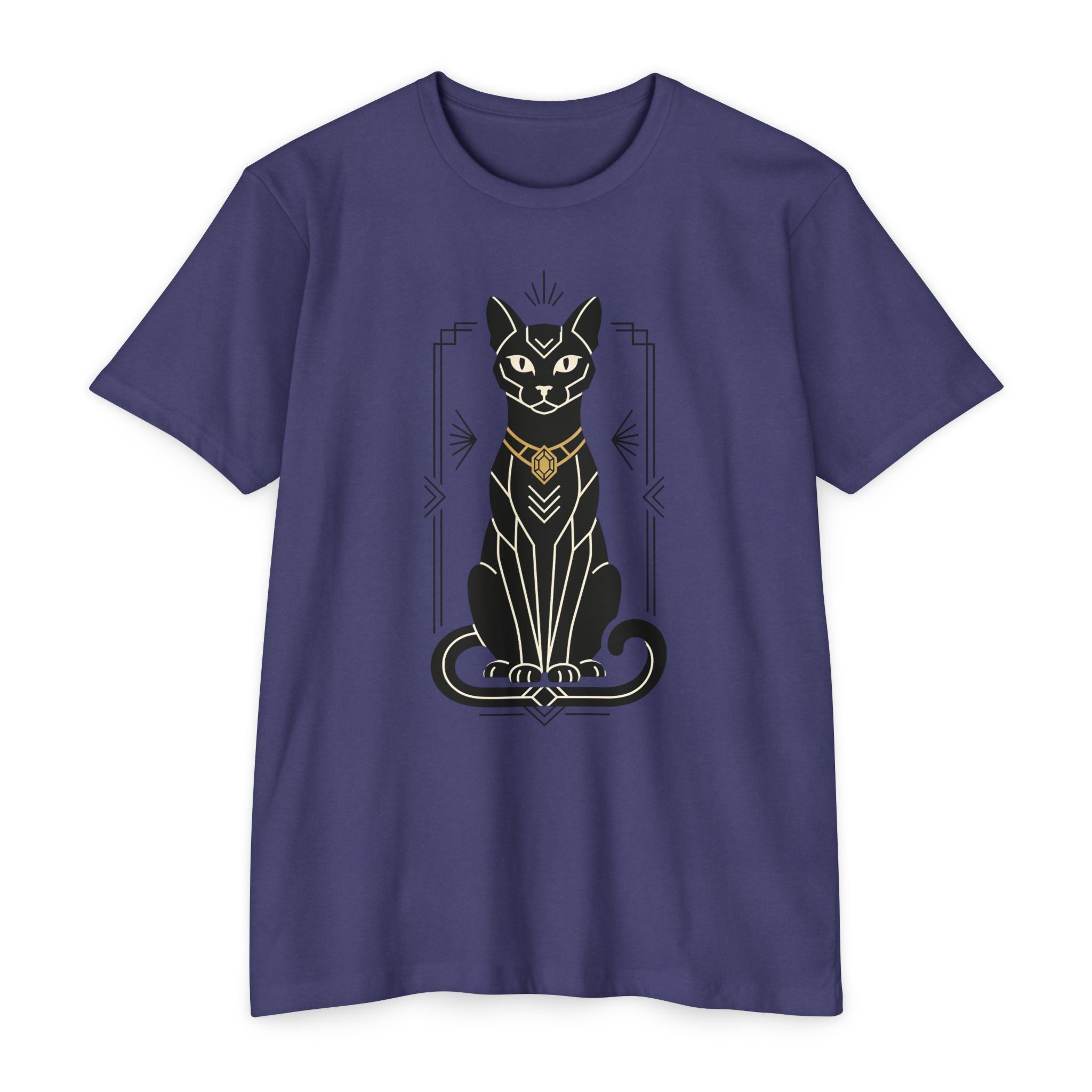 Purple cat graphic t-shirt with Art Deco Egyptian cat illustration on front