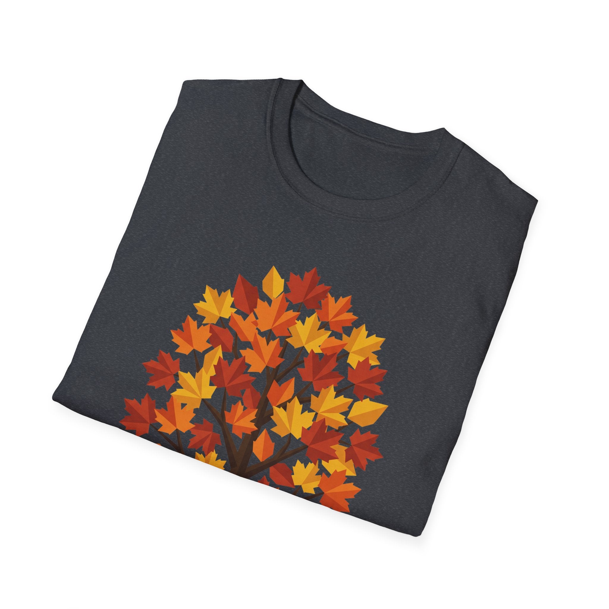 T-Shirt mit buntem Ahornblatt-Baum-Print, dunkler Grauton, Rundhalsausschnitt