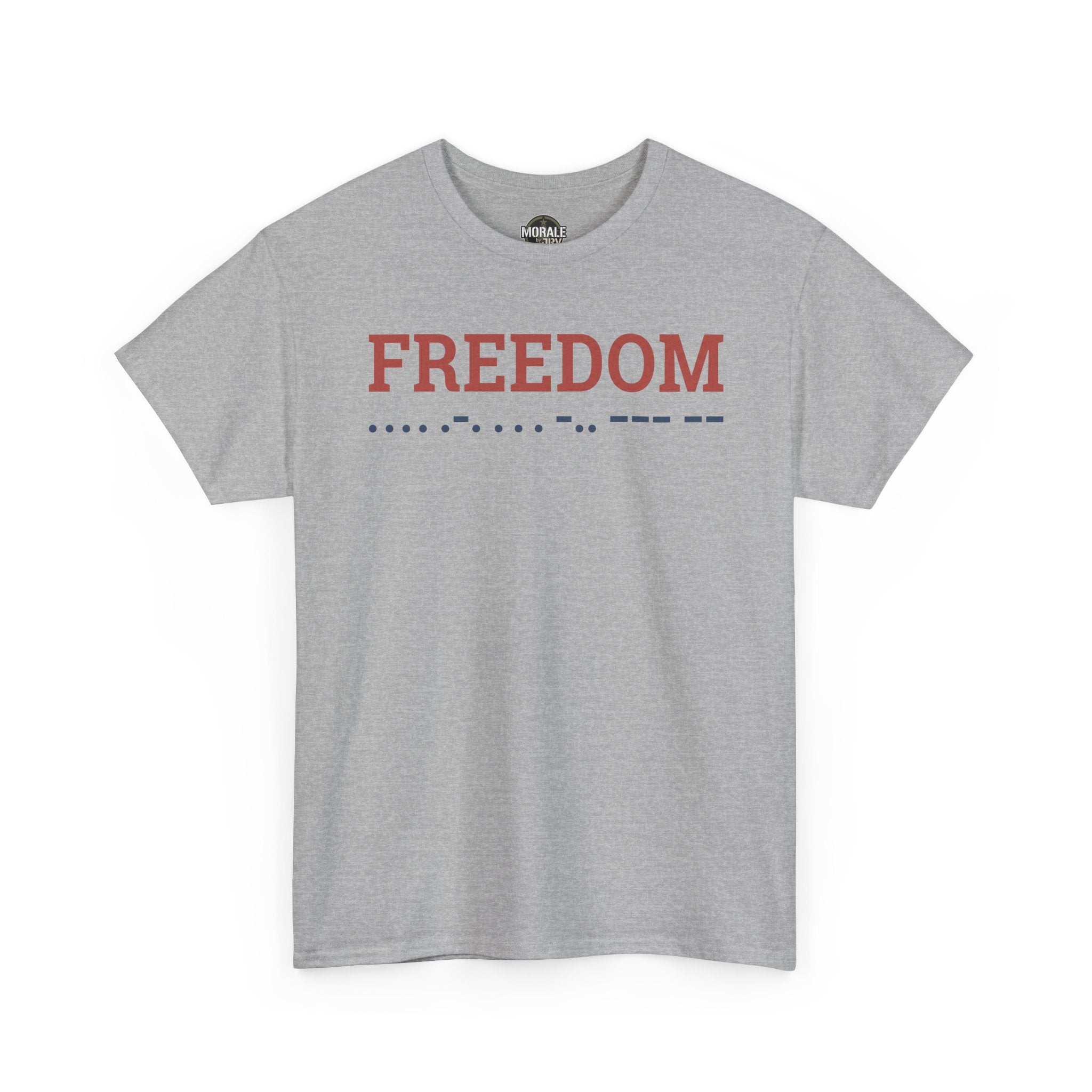 Sport grey Freedom t-shirt with red “FREEDOM” and blue dot line across chest