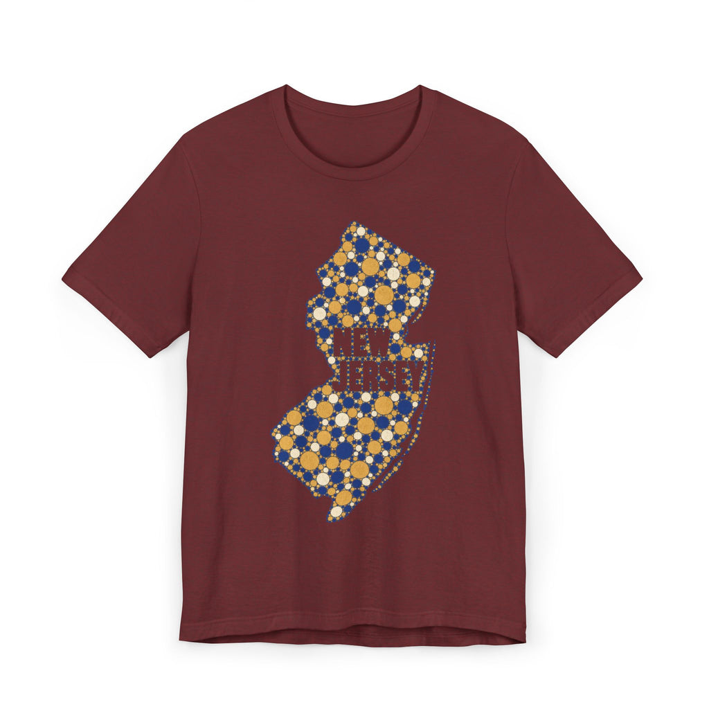 Burgundy t-shirt with colorful floral New Jersey map outline and “New Jersey” text