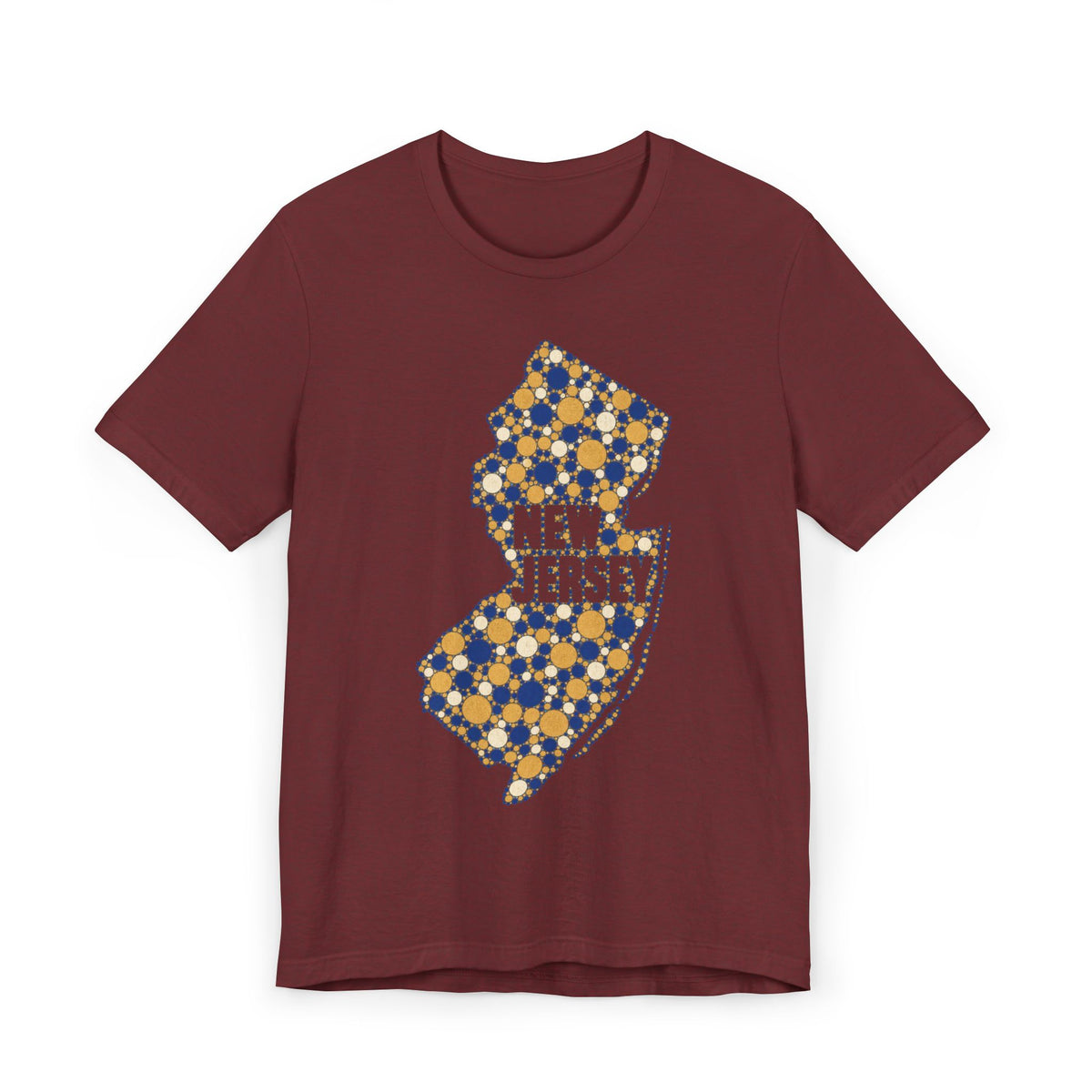 Burgundy t-shirt with colorful floral New Jersey map outline and “New Jersey” text