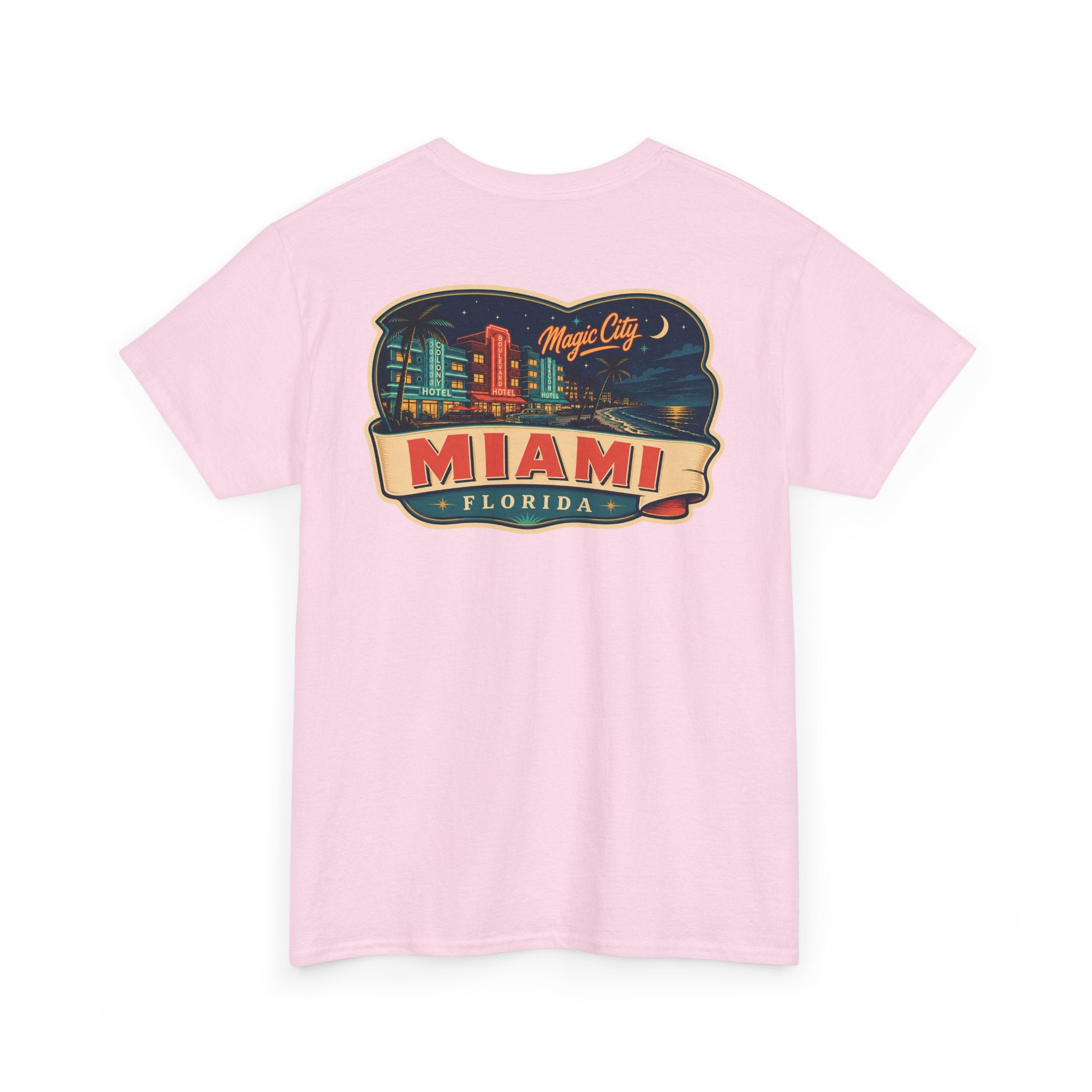 Light pink T-shirt with Miami luggage tag graphic on the chest