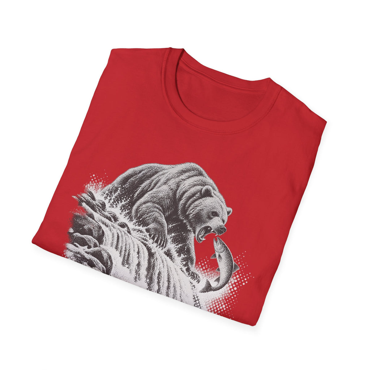 Red crewneck T-shirt with grayscale grizzly bear roaring graphic
