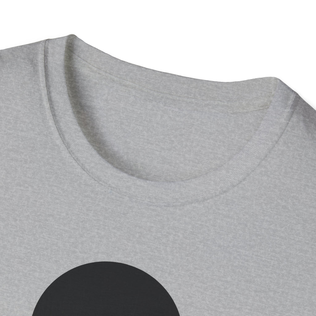 Heather gray T-shirt neckline close-up with partial moon graphic