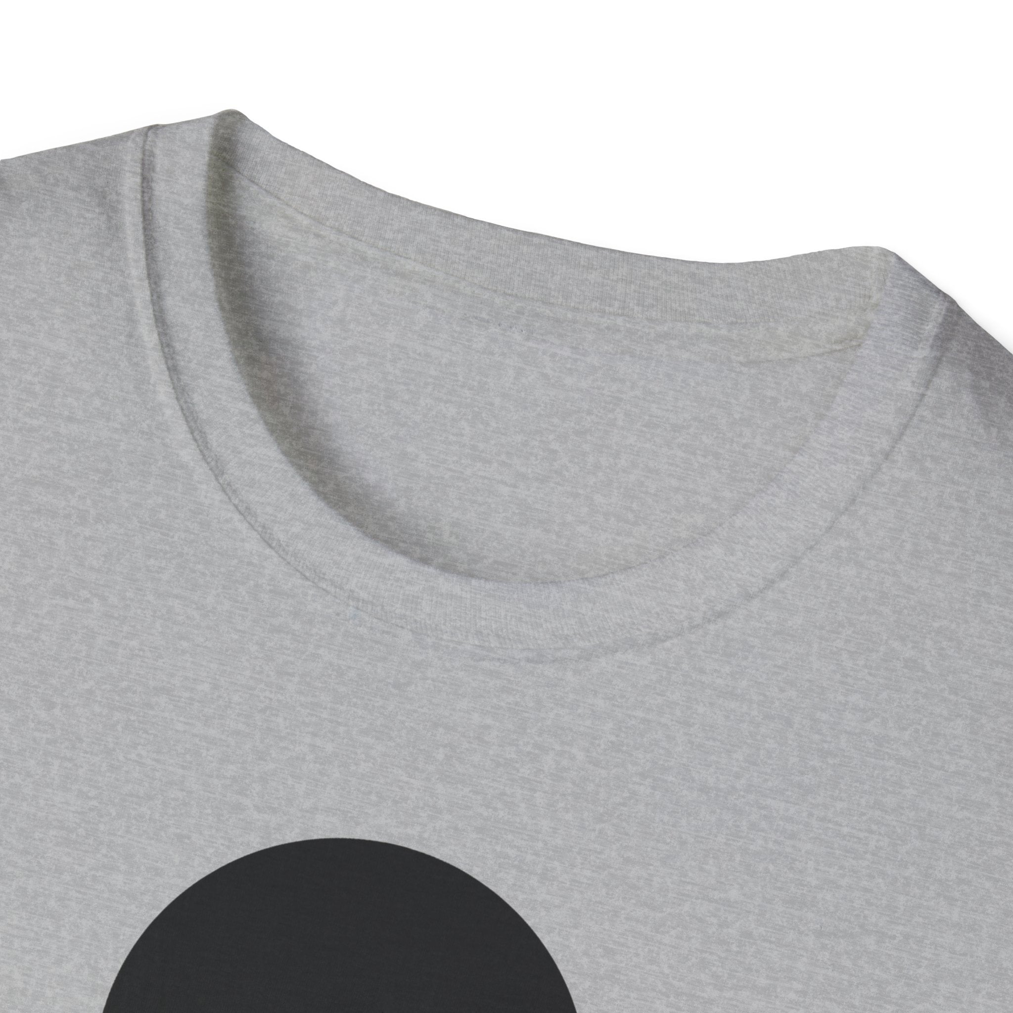 Heather gray T-shirt neckline close-up with partial moon graphic
