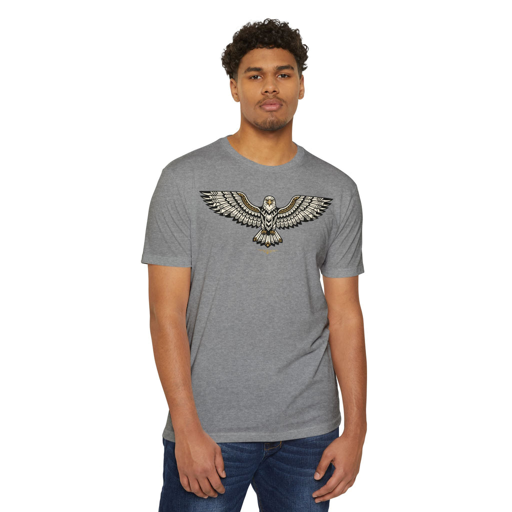 Gray unisex T-shirt with soaring owl graphic print centered on the chest.