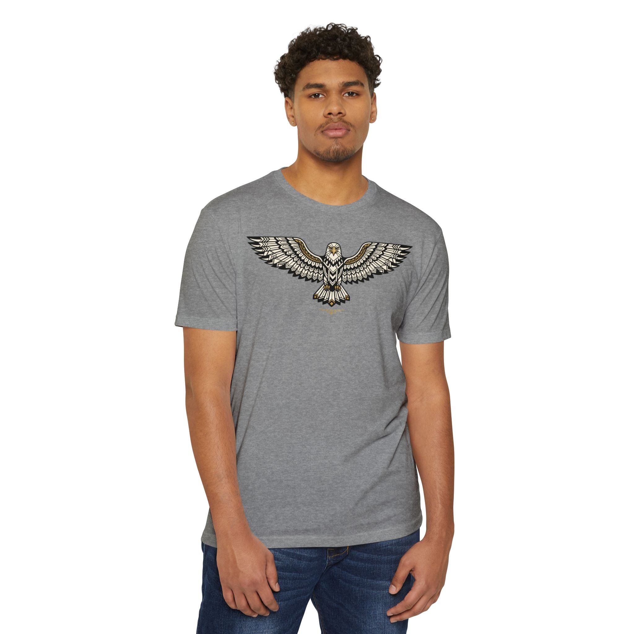 Gray unisex T-shirt with soaring owl graphic print centered on the chest.
