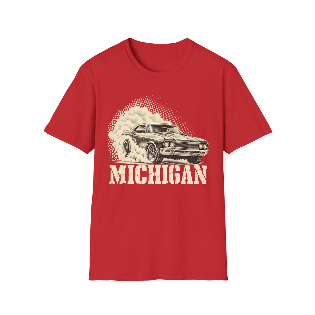 Red T-shirt with vintage car graphic and “MICHIGAN” text print