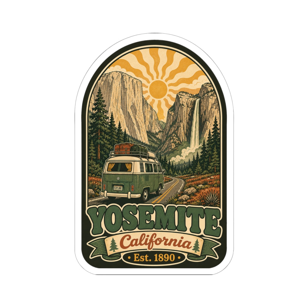 Arched Yosemite-style sticker with camper van, canyon cliffs, pine trees, and “Est. 1890”