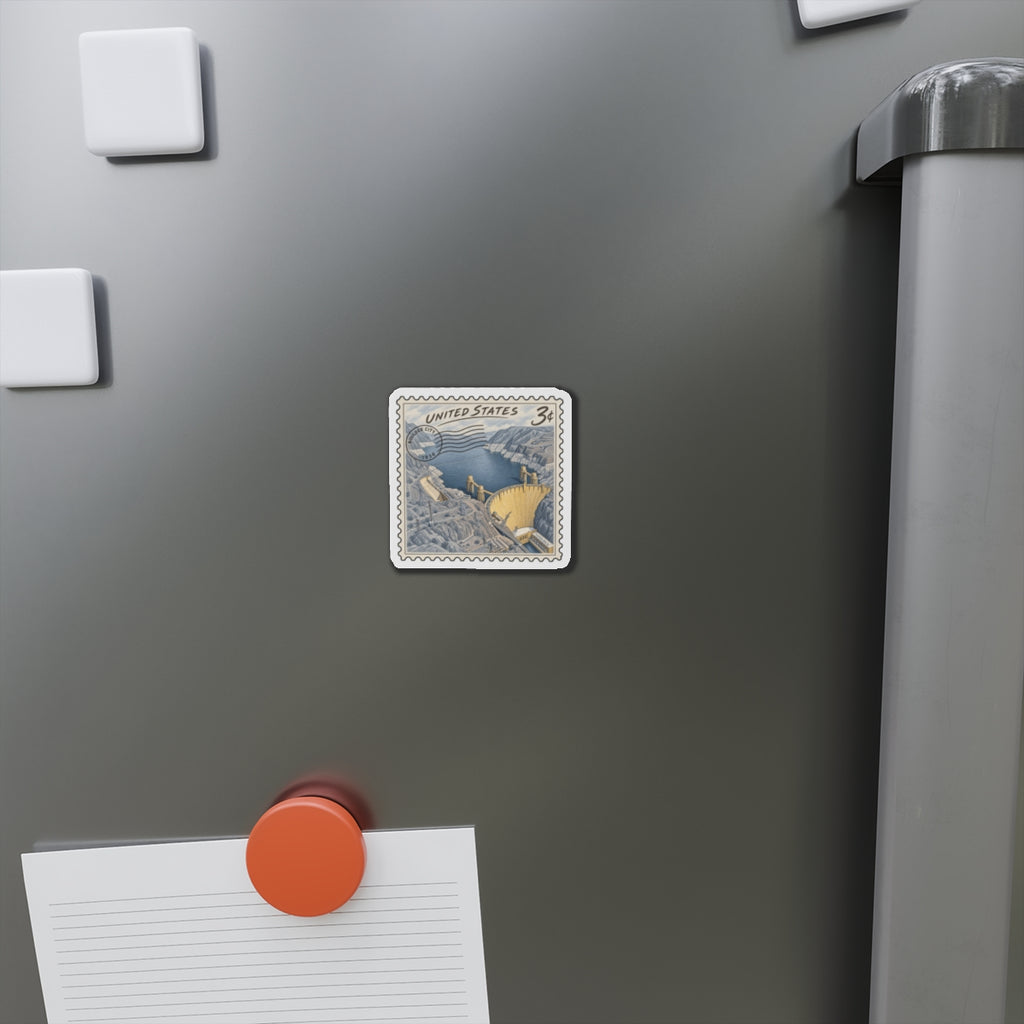 Die-cut magnet attached to a refrigerator, vintage U.S. stamp with Hoover Dam in blue and yellow