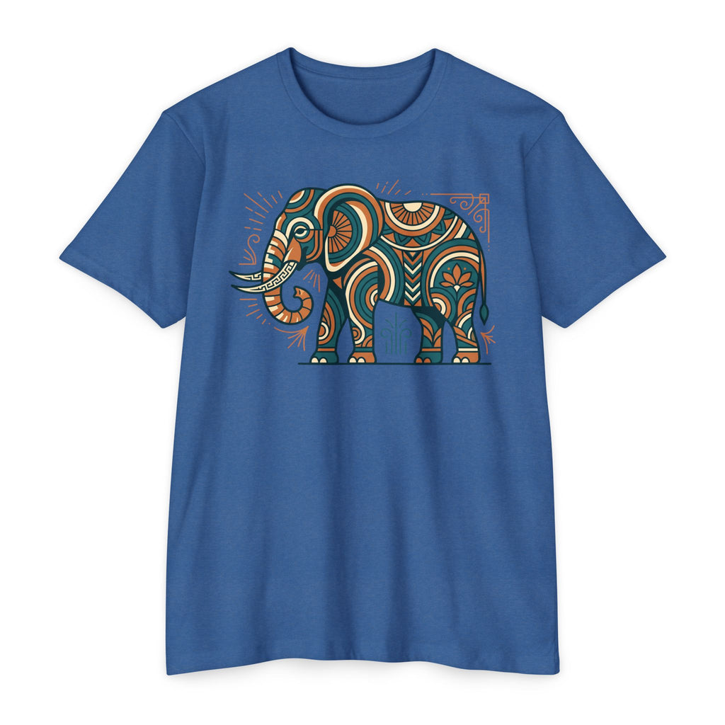 Blue crewneck short-sleeve T-shirt with colorful paisley elephant graphic on chest