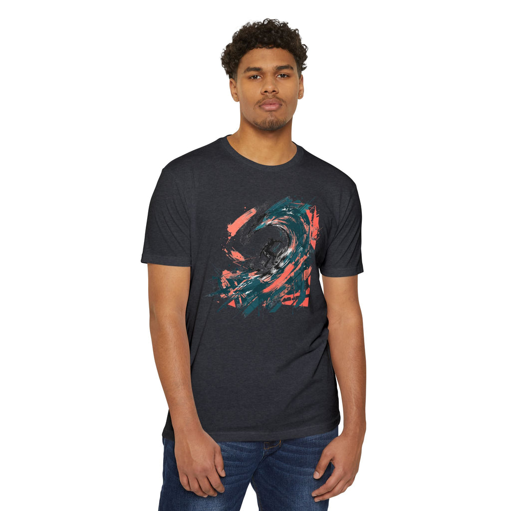 Dark charcoal crew-neck T-shirt with colorful abstract wave paintbrush graphic on front.