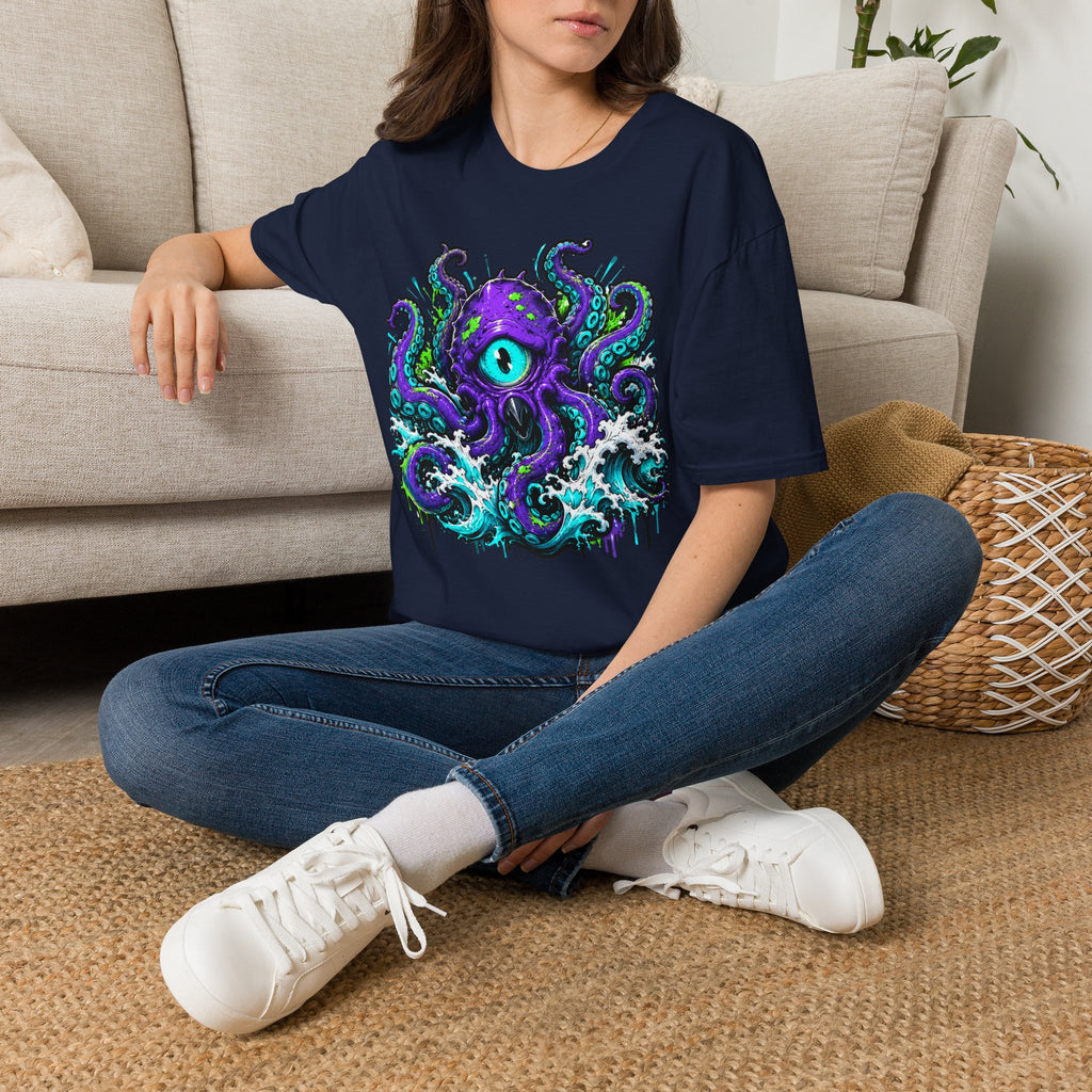 Navy graphic octopus monster T-shirt with purple eye and teal tentacles