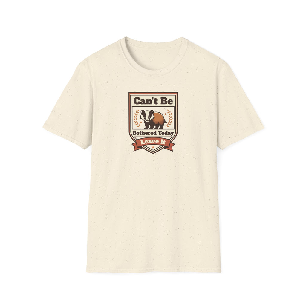 Natural/off-white crew-neck T-shirt, short sleeves, front graphic badge with text