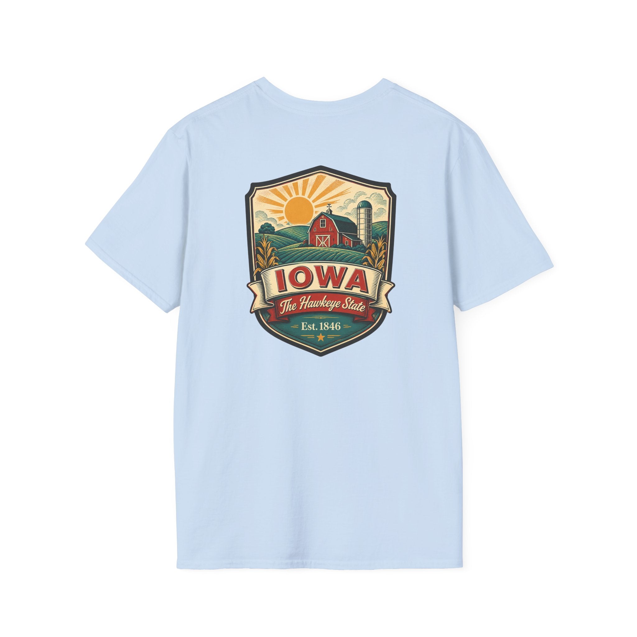Light blue Iowa travel badge T-shirt with front graphic logo print