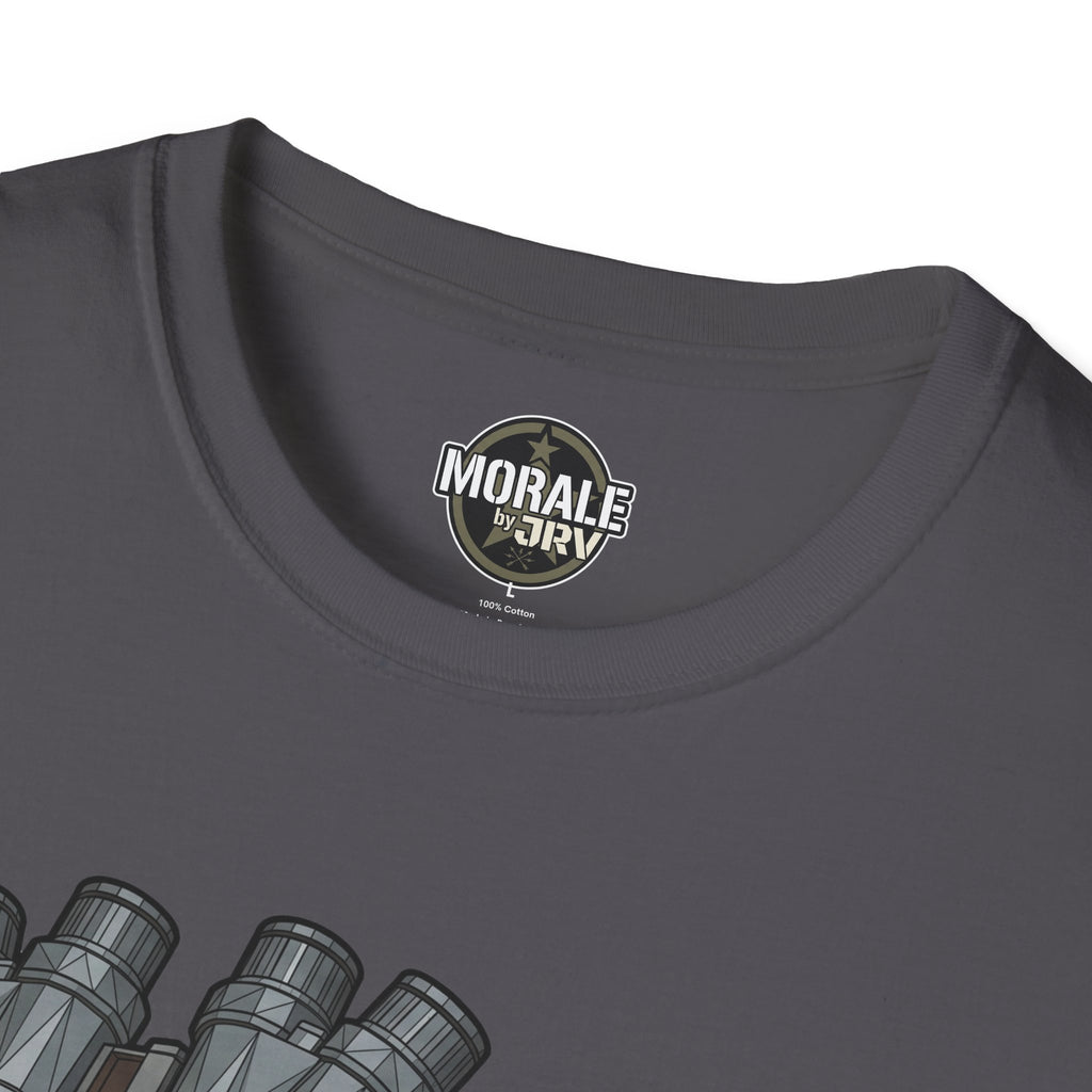 Charcoal T-shirt neckline with circular logo patch at center