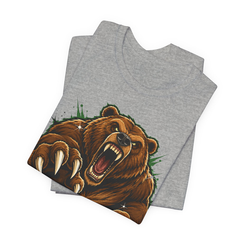 Light gray unisex tee with roaring grizzly bear face graphic