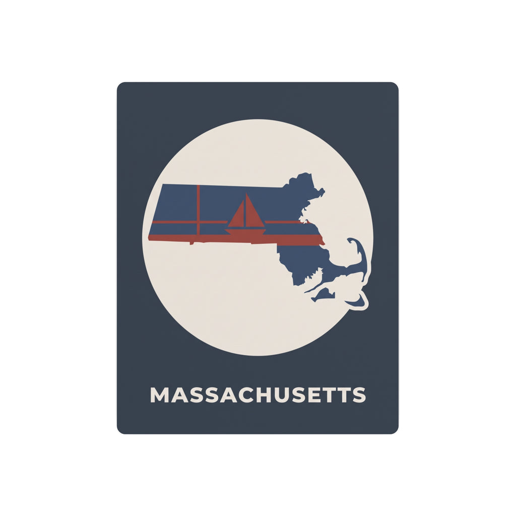 Metal state map art sign with circular Massachusetts silhouette and nautical stripes, dark blue.