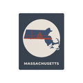 Metal state map art sign with circular Massachusetts silhouette and nautical stripes, dark blue.