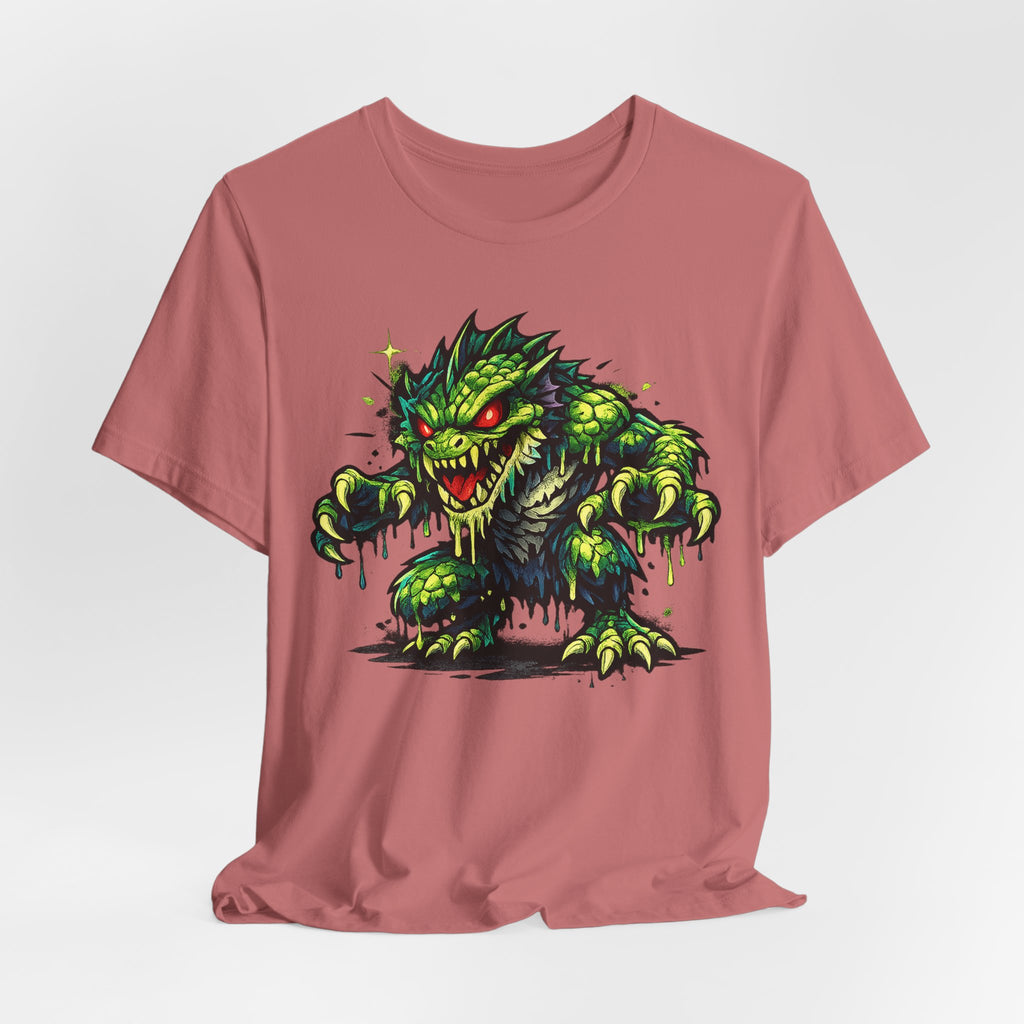 Mauve T-shirt with green swamp monster illustration front graphic.
