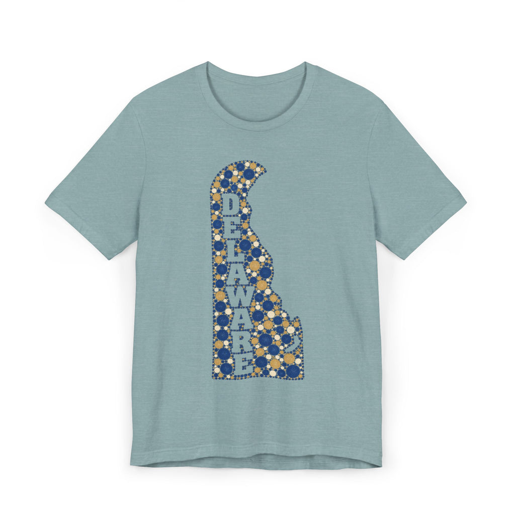 Light blue Delaware state silhouette t-shirt with blue and gold patterned Delaware map graphic