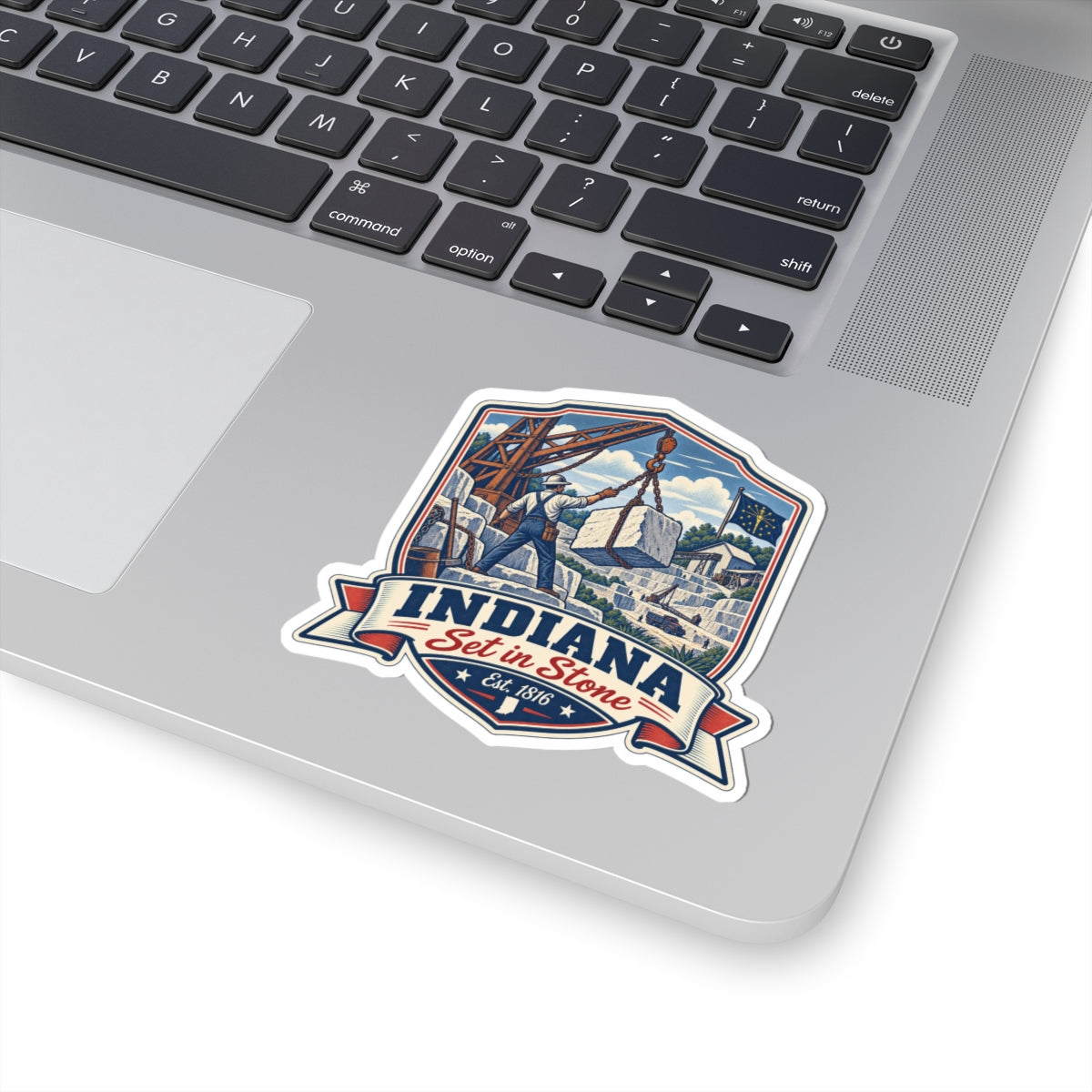 Indiana “Set in Stone” die-cut sticker with monument scene and Est. 1816 ribbon