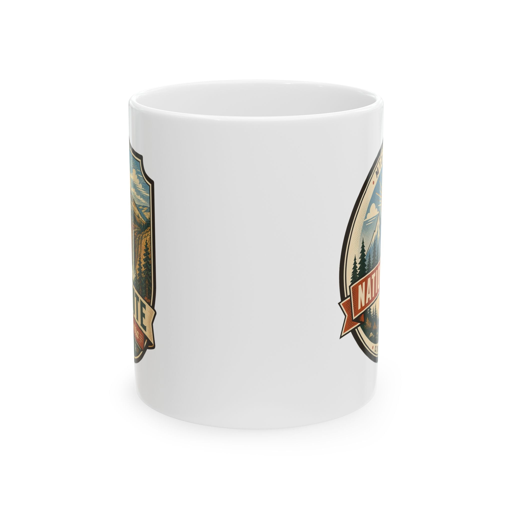 Ceramic mug with partial Yosemite vintage crest on white cup