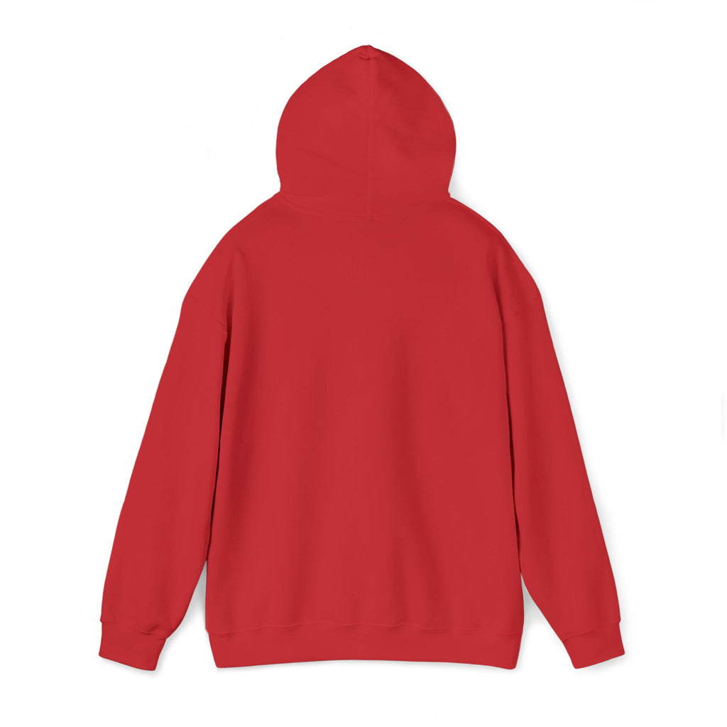 Red pullover hoodie with attached hood and long sleeves