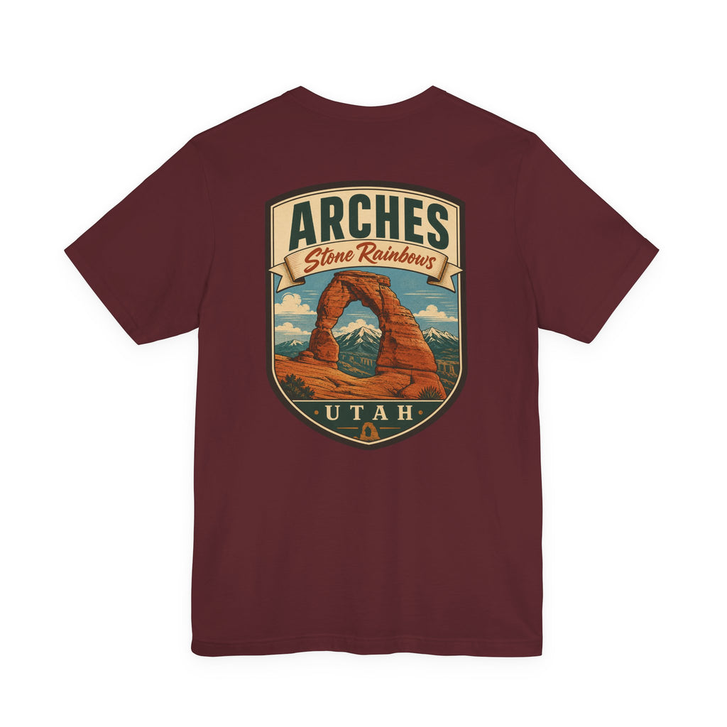 Maroon crew-neck T-shirt with Arches Stone Rainbows graphic shield on front