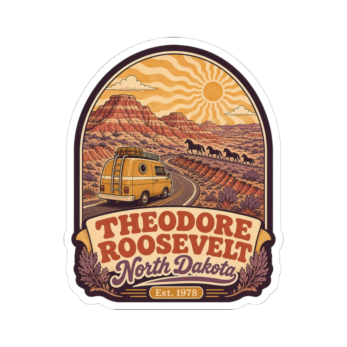 Die-cut travel sticker with desert mesas, golden sun, camping van, and “North Dakota” text
