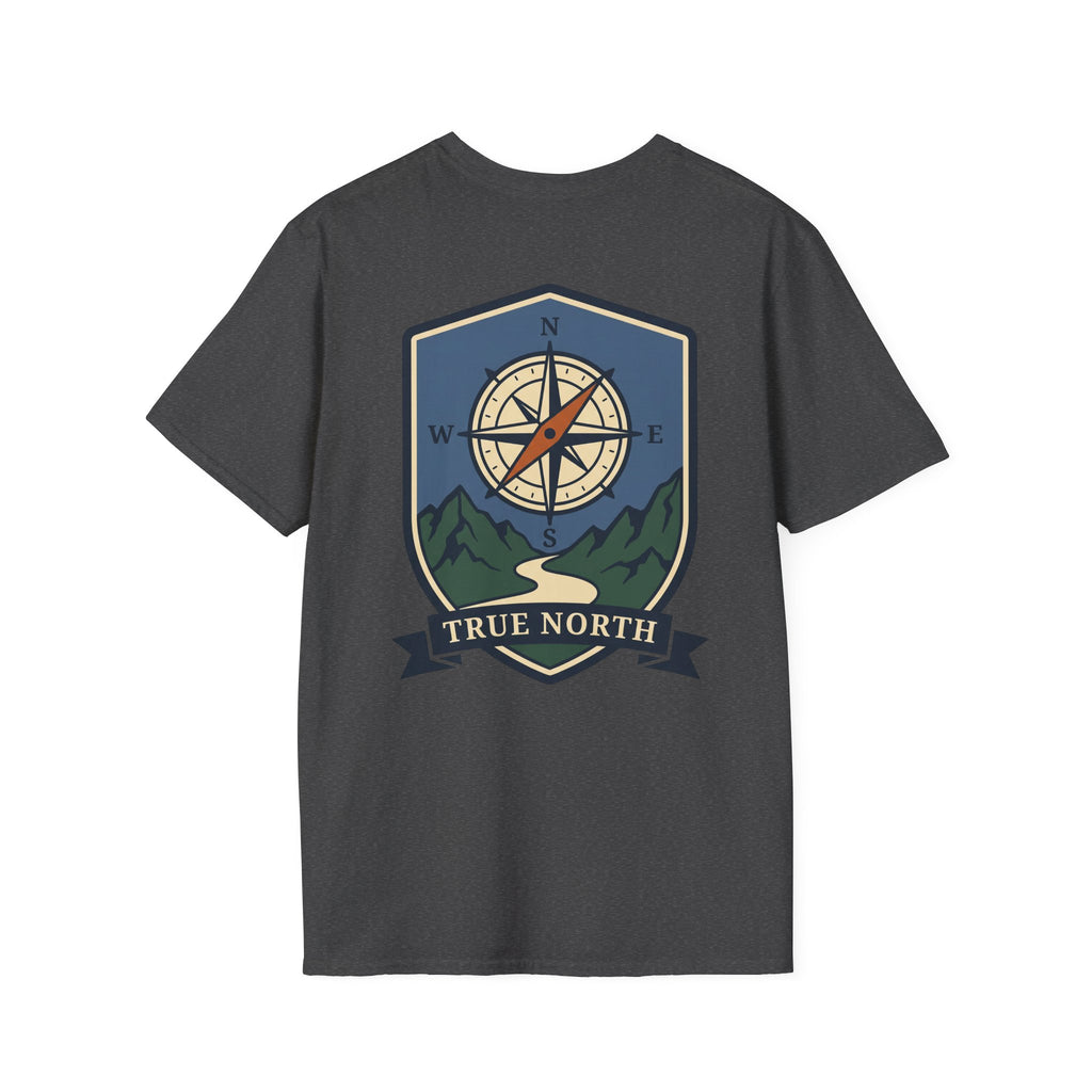 Dark heather compass shield T-shirt with compass rose, mountains, and True North banner